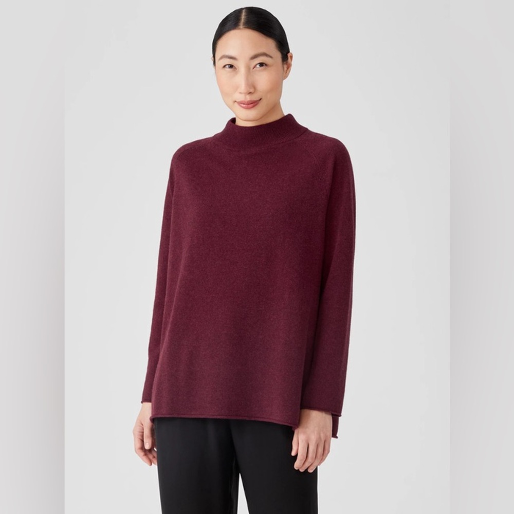 Eileen Fisher Recycled Cashmere Wool Mock Neck Box-Top Medium M Maroon